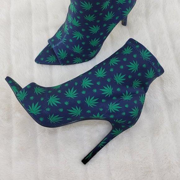 Navy Blue high heel ankle boot Pot Leaf Print - Picture 4 of 11